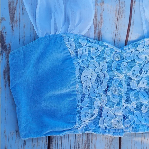 Vintage 80's 90's Brooks Atelier Baby Blue Lace Crop Top | Medium - Picture 2 of 5